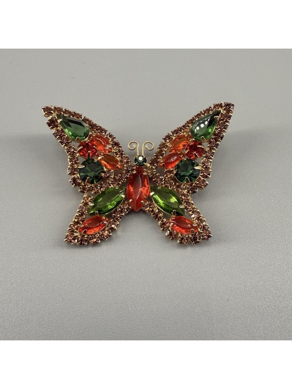Vintage Butterfly Brooch Pin Red Green Rhinestone Gold Tone UV Reactive Glow